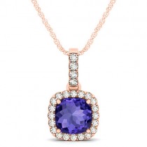 Tanzanite & Diamond Halo Cushion Pendant Necklace 14k Rose Gold (1.94ct)