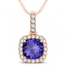 Tanzanite & Diamond Halo Cushion Pendant Necklace 14k Rose Gold (4.05ct)