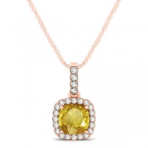 Yellow Sapphire & Diamond Halo Cushion Pendant Necklace 14k Rose Gold (0.85ct)
