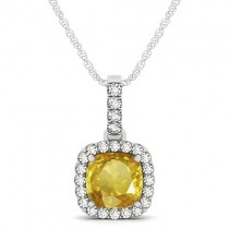Yellow Sapphire & Diamond Halo Cushion Pendant Necklace 14k White Gold (1.94ct)
