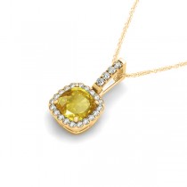 Yellow Sapphire & Diamond Halo Cushion Pendant Necklace 14k Yellow Gold (1.94ct)