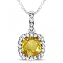 Yellow Sapphire & Diamond Halo Cushion Pendant Necklace 14k White Gold (4.05ct)
