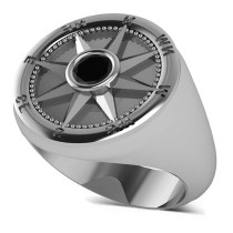 Men's Black Diamond Nautical Compass Ring 18k White Gold (0.25ct)