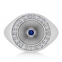Men's Halo Diamond & Blue Sapphire Fashion Signet Ring 14k White Gold (0.68ct)