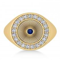 Men's Halo Diamond & Blue Sapphire Fashion Signet Ring 14k Yellow Gold (0.68ct)