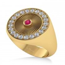 Men's Halo Diamond & Ruby Fashion Signet Ring 14k Yellow Gold (0.68ct)