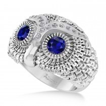 Men's Owl Diamond & Blue Sapphire Accented Fashion Ring 14k White Gold (0.74ct)