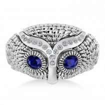 Men's Owl Diamond & Blue Sapphire Accented Fashion Ring 14k White Gold (0.74ct)