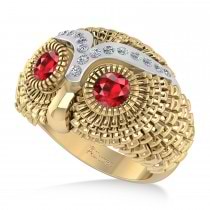 Men's Owl Diamond & Ruby Accented Fashion Ring 14k Yellow Gold (0.74ct)