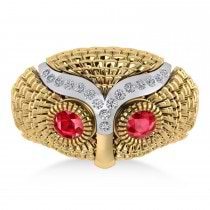 Men's Owl Diamond & Ruby Accented Fashion Ring 14k Yellow Gold (0.74ct)