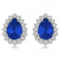 Pear Cut Diamond & Blue Sapphire Halo Earrings 14k White Gold (1.25ct)