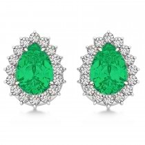 Pear Cut Diamond & Emerald Halo Earrings 14k White Gold (1.15ct)