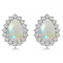 Pear Cut Diamond & Opal Halo Earrings 14k White Gold (0.69ct)
