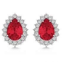 Pear Cut Diamond & Ruby Halo Earrings 14k White Gold (1.25ct)
