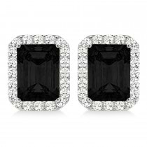 Emerald Cut Black & White Diamond Halo Earrings 14k White Gold (2.42ct)