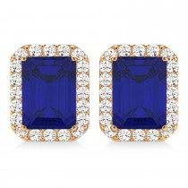 Emerald Cut Blue Sapphire & Diamond Halo Earrings 14k Rose Gold (2.60ct)