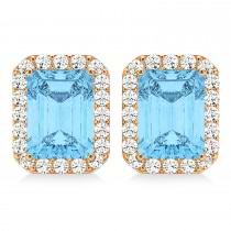 Emerald Cut Blue Topaz & Diamond Halo Earrings 14k Rose Gold (2.80ct)