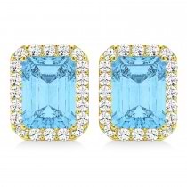 Emerald Cut Blue Topaz & Diamond Halo Earrings 14k Yellow Gold (2.80ct)