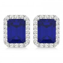 Emerald Cut Lab Blue Sapphire & Diamond Halo Earrings 14k White Gold (2.60ct)
