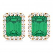 Emerald Cut Lab Emerald & Diamond Halo Earrings 14k Rose Gold (2.10ct)