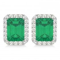 Emerald Cut Lab Emerald & Diamond Halo Earrings 14k White Gold (2.10ct)