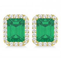 Emerald Cut Lab Emerald & Diamond Halo Earrings 14k Yellow Gold (2.10ct)