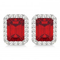 Emerald Cut Lab Ruby & Diamond Halo Earrings 14k White Gold (2.60ct)