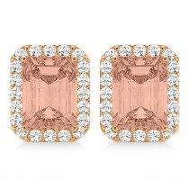 Emerald Cut Morganite & Diamond Halo Earrings 14k Rose Gold (2.10ct)