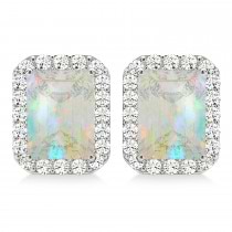 Emerald Cut Opal & Diamond Halo Earrings 14k White Gold (1.50ct)