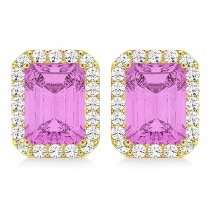Emerald Cut Pink Sapphire & Diamond Halo Earrings 14k Yellow Gold (2.60ct)