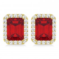 Emerald Cut Ruby & Diamond Halo Earrings 14k Yellow Gold (2.60ct)