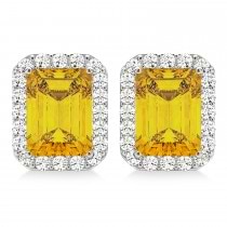 Emerald Cut Yellow Sapphire & Diamond Halo Earrings 14k White Gold (2.60ct)