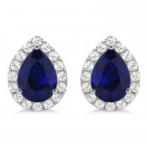 Teardrop Blue Sapphire & Diamond Halo Earrings 14k White Gold (1.74ct)