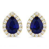 Teardrop Blue Sapphire & Diamond Halo Earrings 14k Yellow Gold (1.74ct)