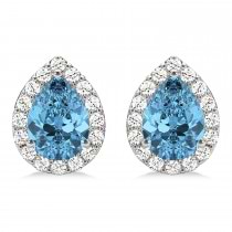 Teardrop Blue Topaz & Diamond Halo Earrings 14k White Gold (2.24ct)
