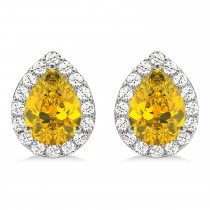 Teardrop Yellow Sapphire & Diamond Halo Earrings 14k White Gold (1.74ct)
