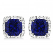 Cushion Cut Blue Sapphire & Diamond Halo Earrings 14k White Gold (1.50ct)