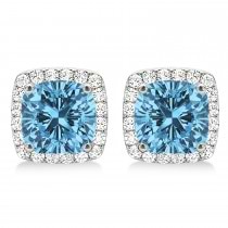 Cushion Cut Blue Topaz & Diamond Halo Earrings 14k White Gold (1.50ct)