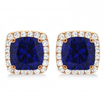 Cushion Cut Lab Blue Sapphire & Diamond Halo Earrings 14k Rose Gold (1.50ct)