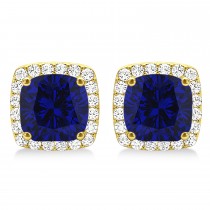 Cushion Cut Lab Blue Sapphire & Diamond Halo Earrings 14k Yellow Gold (1.50ct)