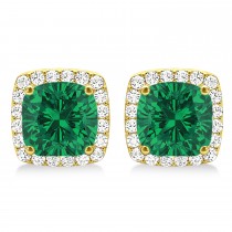 Cushion Cut Lab Emerald & Diamond Halo Earrings 14k Yellow Gold (1.50ct)