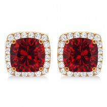 Cushion Cut Lab Ruby & Diamond Halo Earrings 14k Rose Gold (1.50ct)