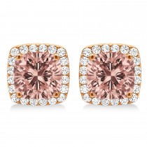 Cushion Cut Morganite & Diamond Halo Earrings 14k Rose Gold (1.50ct)