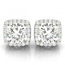 Cushion Cut Moissanite & Diamond Halo Earrings 14k White Gold (1.22ct)