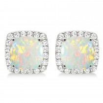 Cushion Cut Opal & Diamond Halo Earrings 14k White Gold (1.30ct)