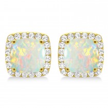 Cushion Cut Opal & Diamond Halo Earrings 14k Yellow Gold (1.30ct)