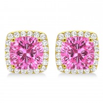 Cushion Cut Pink Sapphire & Diamond Halo Earrings 14k Yellow Gold (1.50ct)