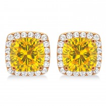 Cushion Cut Yellow Sapphire & Diamond Halo Earrings 14k Rose Gold (1.50ct)