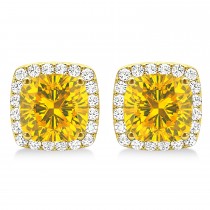 Cushion Cut Yellow Sapphire & Diamond Halo Earrings 14k Yellow Gold (1.50ct)