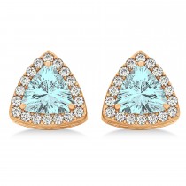Trilliant Cut Aquamarine & Diamond Halo Earrings 14k Rose Gold (0.93ct)